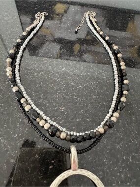 Multi-Strand Black and Silver Beaded Statement Necklace